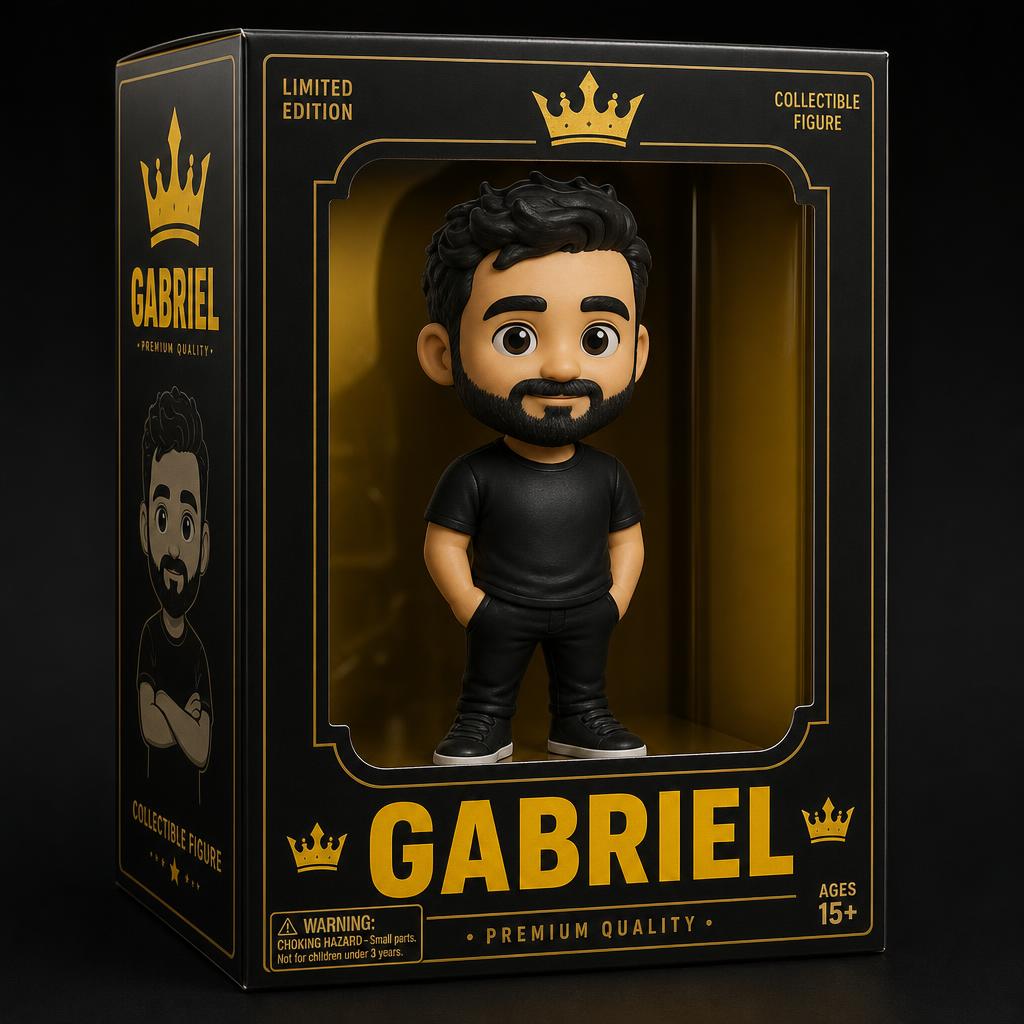 Caixa premium personalizada preta e dourada com o personagem 3D dentro e o nome de exemplo GABRIEL