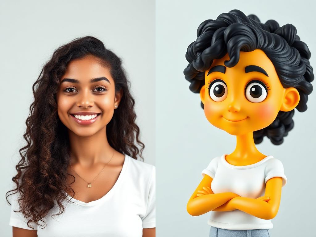 Foto real de LARISSA e seu personagem 3D amarelo personalizado
