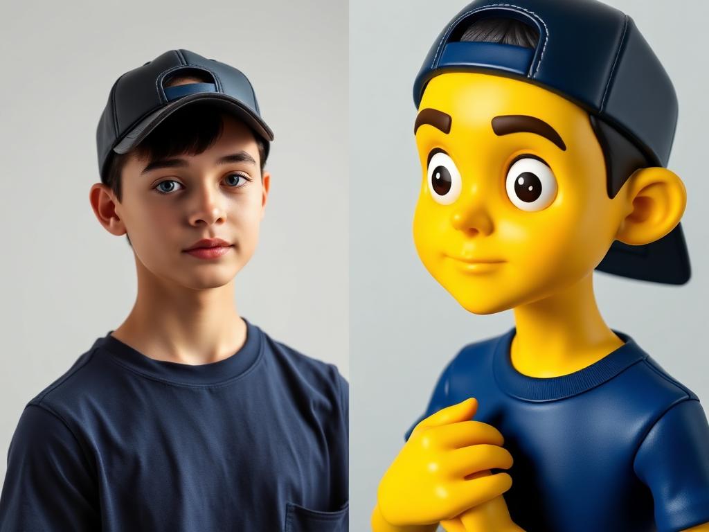 Foto real de MATHEUS e seu personagem 3D amarelo personalizado