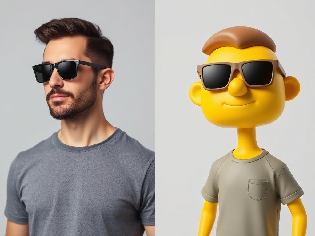 Foto real de RAFAEL e seu personagem 3D amarelo personalizado